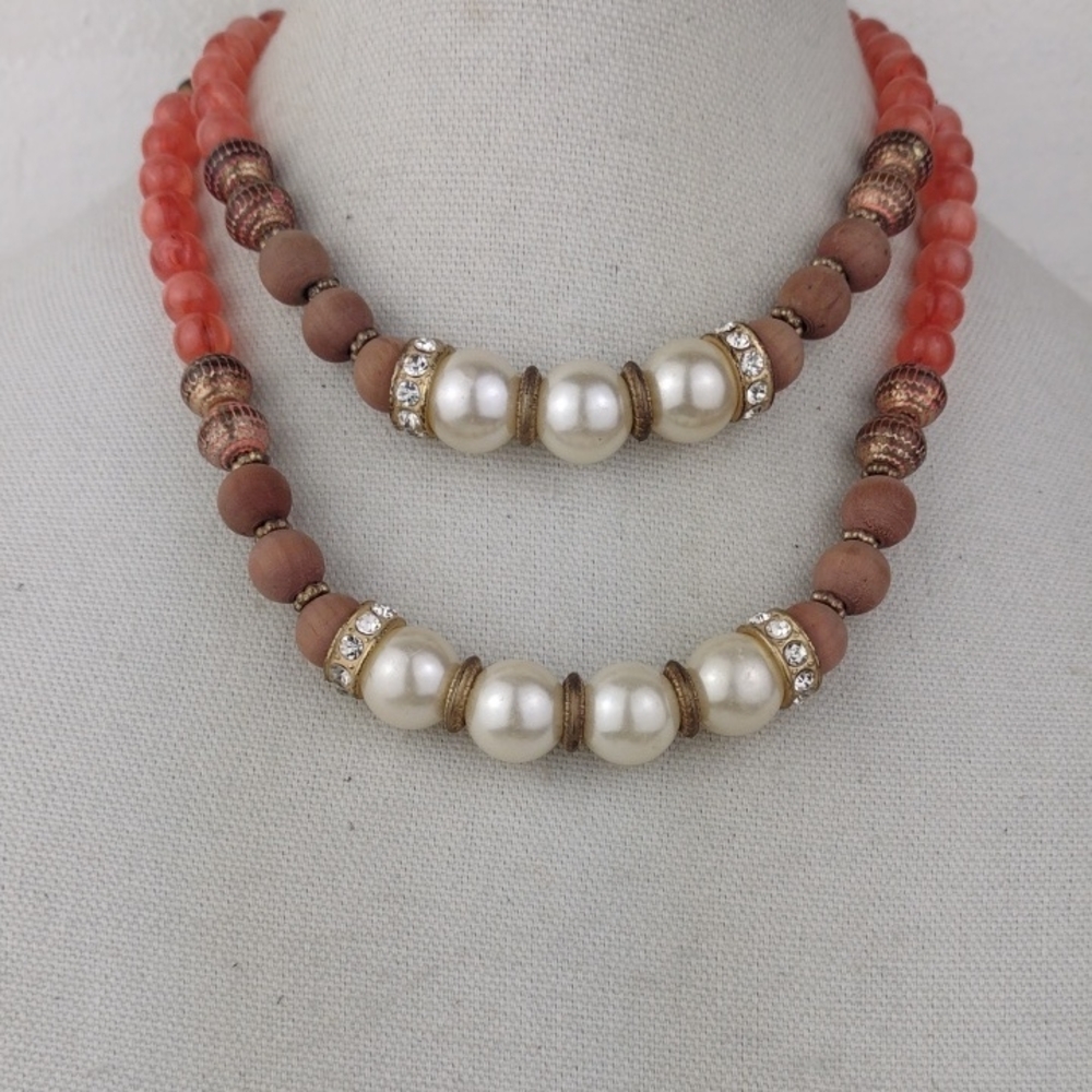 Pearl & Coral Bead Double Strand Rhinestone Spacers Choker Necklace